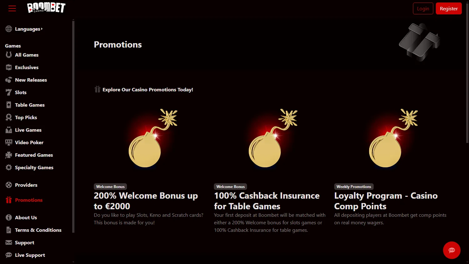Boombet Casino desktop promotions page