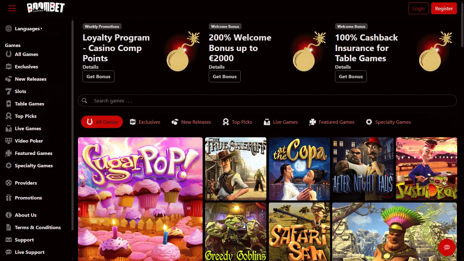 Boombet Casino desktop home page